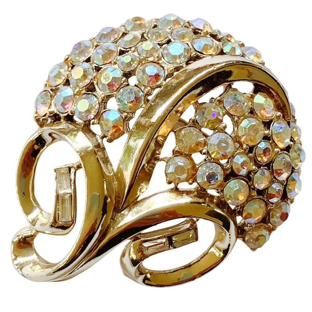 Vintage Signed Coro Brooch Mid Century AB Rhinestone Swirl Gold Tone 1950s